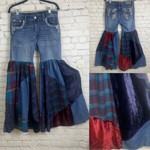 Upcycled One of a Kind Grace Jeans/Plaid/Velvet Patchwork Bell Bottoms